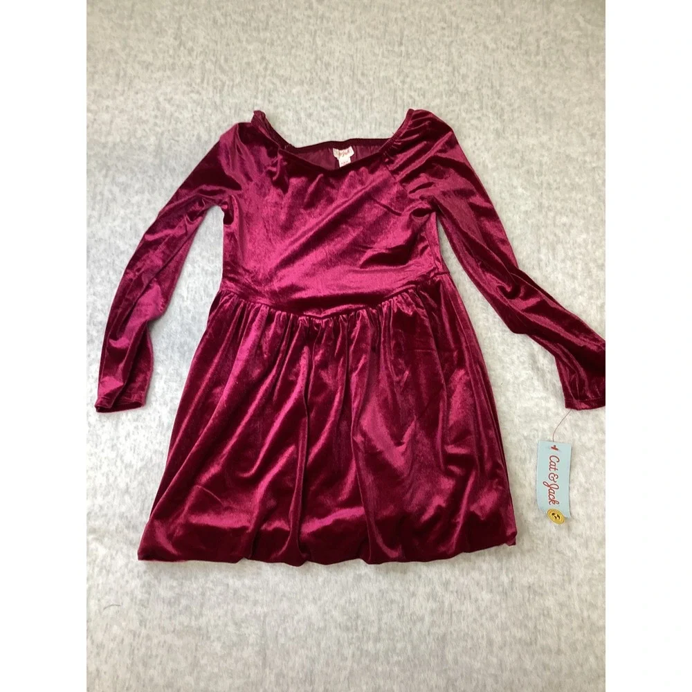 Cat‎ & Jack Girls Garnet Red Velvet Long Sleeve Dress Size S 6/7 NWT 54Z3PG